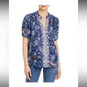 Johnny Was Puff Sleeve Effortless blue Printed Blouse embroidered size small